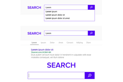 Search Bar Field Vector. Search Engine Browser Window Template. Pop Up List, Search Results. Flat Template Design For Internet Web Browser Or Web Page.