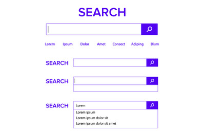 Search Bar Field Vector. Search Engine Browser Window Template. Pop Up List, Search Results. Elements Of Search Magnifier Icon And Frame Field For Text