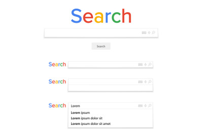 Search Bar Field Vector. Search Engine Browser Window Template. Pop Up List, Search Results. Elements Of Search Magnifier Icon And Frame Field For Text