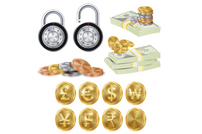 Finance Secure Concept Vector. Gold Metal Coins, Money Banknotes Stacks, Encryption Padlock. Dollar, Euro, GBP, Rupee, Franc, Renminbi Yuan, Won. Finance Banking Illustration Isolated