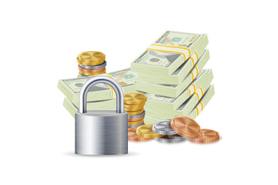 Finance Secure Concept Vector. Metal Coins, Money Banknotes Stacks, Steel Padlock. Finance Banking Illustration Isolated On White