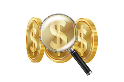 Dollar And Magnifying Glass Vector. Business Concept. Financial Concept. Isolated Illustration