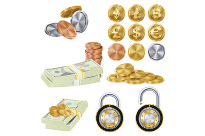 Money Secure Concept Vector. Metal Coin, Money Banknotes Stacks, Encryption Padlock. Dollar, Euro, GBP, Rupee, Franc, Yuan, Won. Commercial Investment Illustration Isolated On White Background