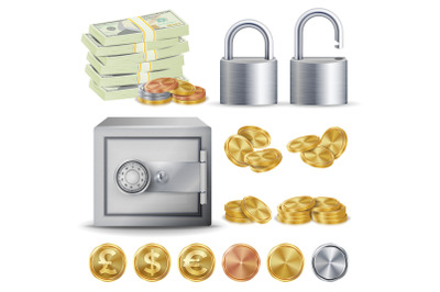 Finance Secure Concept Vector. Gold, Silver, Copper Metal Coins Blank, Money Banknotes Stacks, Padlock, Safe. Dollar, Euro, GBP Business Investment Illustration Isolated