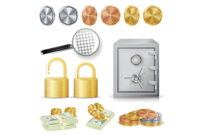 Money Secure Concept Vector. Gold, Silver, Copper Metal Coins, Money Banknotes Stacks, Encryption Padlock, Safe, Realistic Magnifying Glass.