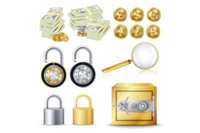 Finance Secure Concept Vector. Gold Coins, Money Banknotes Stacks, Encryption Padlock, Safe, Magnifying Glass. Dollar, Euro, GBP, Bitcoin, Litecoin, Etherum. Banking Illustration Isolated On White