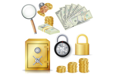 Money Secure Concept Vector. Gold Metal Coins, Money Banknotes Stacks, Encryption Padlock, Safe, Realistic Magnifying Glass. Commercial Investment Illustration Isolated On White Background