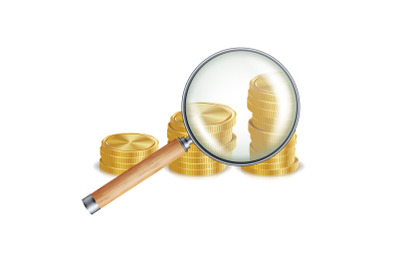 Money And Magnifying Glass Vector. Coins. Business Concept. Isolated Illustration