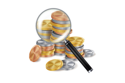 Magnifier And Coin Vector. Metal coins. Success Finance Banking Illustration