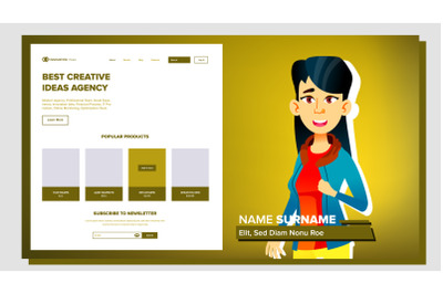 Self Presentation Vector. Asian Female. Introduce Yourself Or Your Project, Business. Illustration