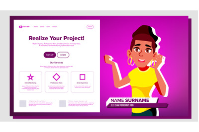 Self Presentation Vector. African American Female. Introduce Yourself Or Your Project, Business. Illustration