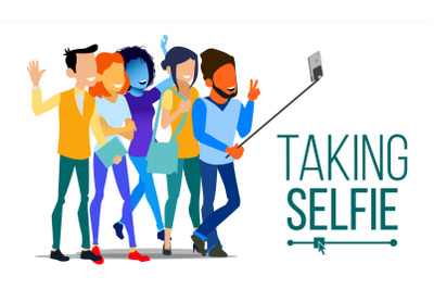 Taking Selfie Vector. Men, Women Laughing. Photo Portrait Concept. Self Camera. Youth Concept. Modern Flat Isolated People Illustration