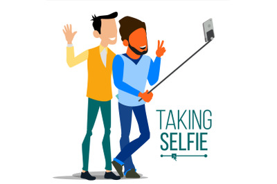 Men Taking Selfie Vector. Laughing. Photo Portrait Concept. Self Camera. Youth Concept. Modern Flat Isolated People Illustration