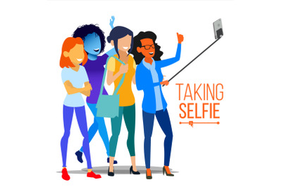 Girls Taking Selfie Vector. Photo Portrait Concept. Self Camera. Modern Flat Isolated People Illustration