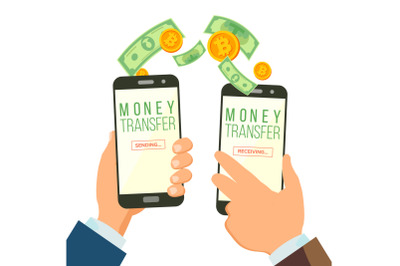 Mobile Money Transferring Banking Concept Vector. Hand Holding Smartphone. Dollar And Bitcoin. Wireless Finance Sending And Receiving. Modern Finance Economic. Isolated Illustration.