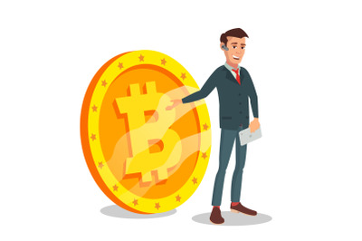 Businessman Standing With Big Bitcoin Sign Vector. Digital Money. Cryptocurrency Investment Concept. Isolated On White Illustration