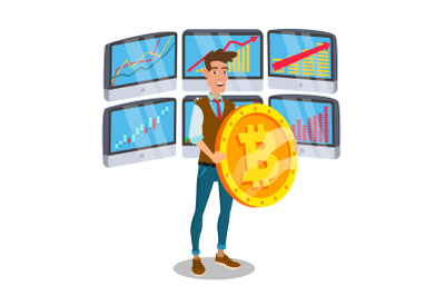 Businessman Standing With Big Bitcoin Sign Vector. Trading Monitors And Trend. Digital Money. Cryptocurrency Investment Concept. Isolated On White Illustration