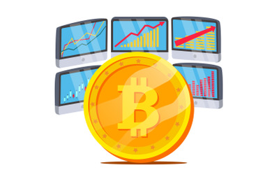 Bitcoin With Graph Diagram Vector. Trading Monitors And Trend. Digital Money. Cryptocurrency Investment Concept. Isolated On White Illustration