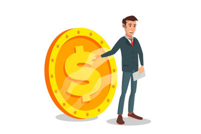 Businessman Standing With Big Dollar Sign Vector. Money Banking Investment Concept. Isolated On White Illustration