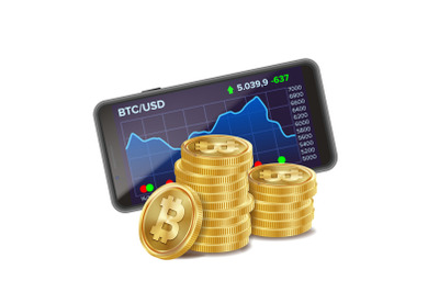 Smartphone And Bitcoin Coins Vector. Digital Money. Cryptocurrency Investment Concept. Realistic 3D Gold Coins. Isolated On White Illustration