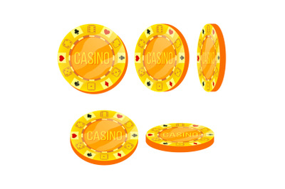 Poker Chips Vector. Flat, Cartoon Set. Casino Sign. Gold Poker Game Chips Sign Isolated On White Background. Casino Gambling Chips Illustration.