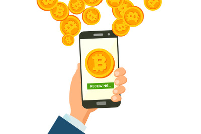 Mobile Bitcoin Receiving Concept Vector. Modern Finance Economic. Wireless Bitcoin Finance Receiving Concept. Hand Holding Smartphone. Digital Currency In Smartphone Application. Isolated Illustration