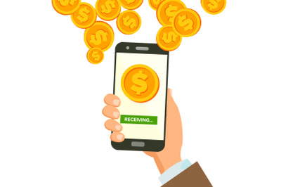 Mobile Dollar Receiving Concept Vector. Human Hand Banner. Wireless Dollar Finance Receiving Concept. Currency In Smartphone Application. Isolated Illustration