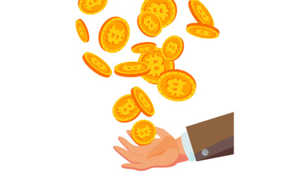 Bitcoins Falling To Business Hand Vector. Flat, Cartoon Gold Coins Illustration. Cryptography Finance Coin Design. Fintech Blockchain. Currency Isolated