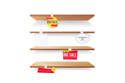 Empty Shelves, Advertising Wobblers Vector. Retail Concept. Discount Sticker. Sale Banners. Isolated Illustration