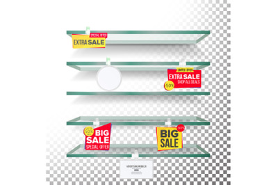 Empty Supermarket Shelves, Wobblers Vector. Price Tag Labels. Selling Card. Discount Sticker. Sale Banners. Isolated Illustration