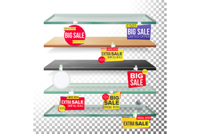 Supermarket Shelves, Advertising Wobblers Vector. Retail Sticker Concept. Best Offer. Discount Sticker. Sale Banners. Isolated Illustration