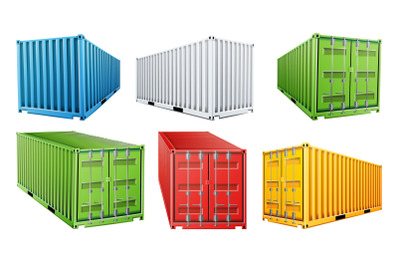 3D Shipping Cargo Container Set Vector. Blue, Red, Green, White, Yellow. Freight Shipping Container Concept. Logistics, Transportation. Isolated On White Background Illustration