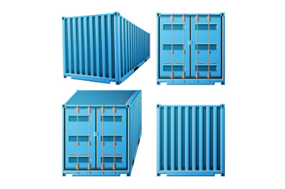 Blue Cargo Container Vector. Realistic 3D Metal Classic Cargo Container. Freight Shipping Concept. Transportation Mock Up. Isolated On White Illustration