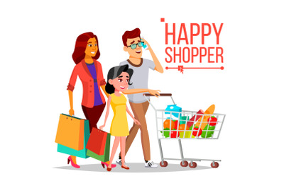 Shopping Woman Vector. Happy Family Couple. Grocery Cart. Joyful Female. Holding Paper Bags. Groceries In Shop, Supermarket. Shopping Day. Pleasure Of Purchase. Business Isolated Cartoon Illustration