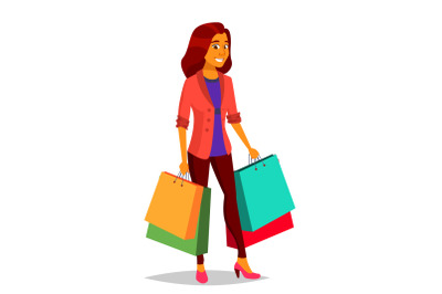 Shopping Woman Vector. Purchasing Concept. Store. Happy Shopper. Groceries In Shop, Supermarket. Holding Paper Packages. Business Isolated Cartoon Illustration