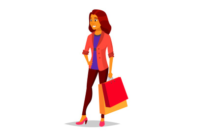 Shopping Woman Vector. Purchasing Concept. Shopping Day. Holding Paper Packages. Business Isolated Cartoon Illustration