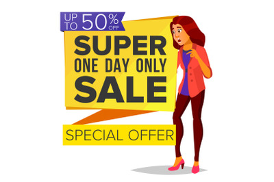 Shopping Woman Vector. Big Discount. Super Sale. Special Offer. Pleasure Of Purchase. Store. Surprised, Shocked. Joyful Female. Business Isolated Cartoon Illustration