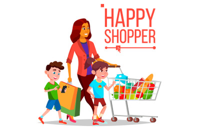 Shopping Woman Vector. With Children. Purchasing Concept. Happy Shopper. Smiling Girl. Holding Paper Packages. Joyful Female. Grocery Cart. Business Isolated Cartoon Illustration