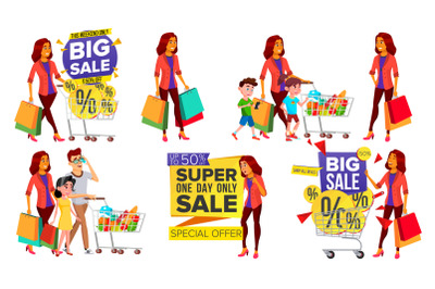 Shopping Woman Set Vector. People In Mall. Family, Children. Purchasing Concept. Happy Shopper. Holding Paper Packages, Bags. Pleasure Of Purchase. Business Isolated Cartoon Illustration