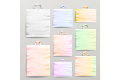 Plastic Shopping Realistic Bags Set With Handles. Colorful Empty Reusable Close Up Mock Up. Vector Illustration