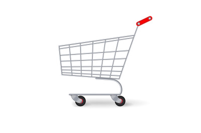 Supermarket Shopping Cart Vector. Empty Classic Chrome Cart Trolley Or Basket Isolated