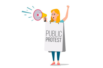 Woman Shouting Through Loud Speaker Vector. Leadership Female Speech. People On Strike. Demonstration Concept. Isolated Flat Cartoon Illustration