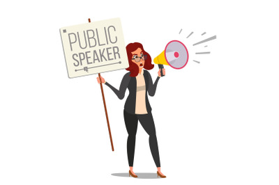 Woman Shouting Through Megaphone Vector. Public Female Protest. Public Speaker. Social Activist. Loud Announcement. Communicate Concept. Isolated Flat Cartoon Illustration