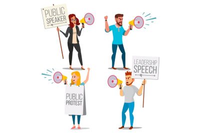 People Shouting Through Loud Speaker Vector. Leadership Speech. People On Strike. Demonstration Concept. Isolated Flat Cartoon Illustration