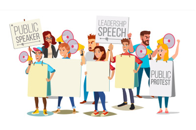 People Shouting Through Megaphone Vector. Public Protest. Social Activist. Loud Announcement. Demonstration, Protest, Strike, Speech Concept. Isolated Flat Cartoon Illustration