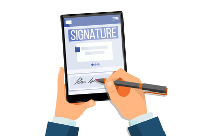 Electronic Signature Tablet Vector. Electronic Document, Contract. Digital Signature. Isolated Flat Illustration