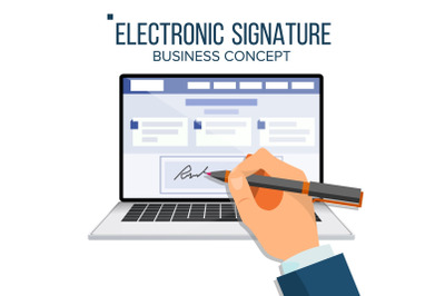 Electronic Signature Laptop Vector. Financial Business Agreement. Web Contract. Online Document. Isolated Flat Illustration