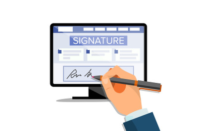 Electronic Signature Vector. Finance Digital Document. Electronic Contract. Computer. Businessman Hands. Isolated Flat Illustration