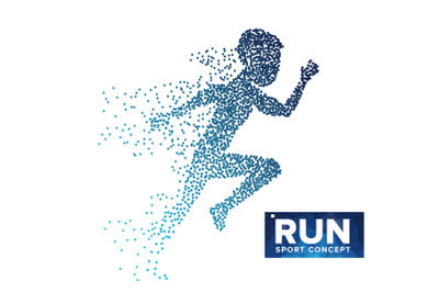 Running Man Silhouette Vector. Grunge Halftone Dots. Dynamic Athlete In Action. Flying Dotted Particles. Sport Banner&2C; Game Competition. Isolated Abstract Lifestyle Illustration