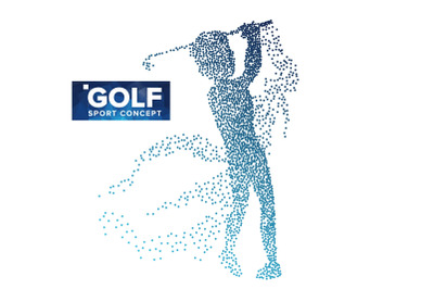 Golf Player Silhouette Vector. Grunge Halftone Dots. Golf Athlete In Action. Flying Particles. Sport Banner, Game Competitions, Event Concept. Isolated Abstract Illustration